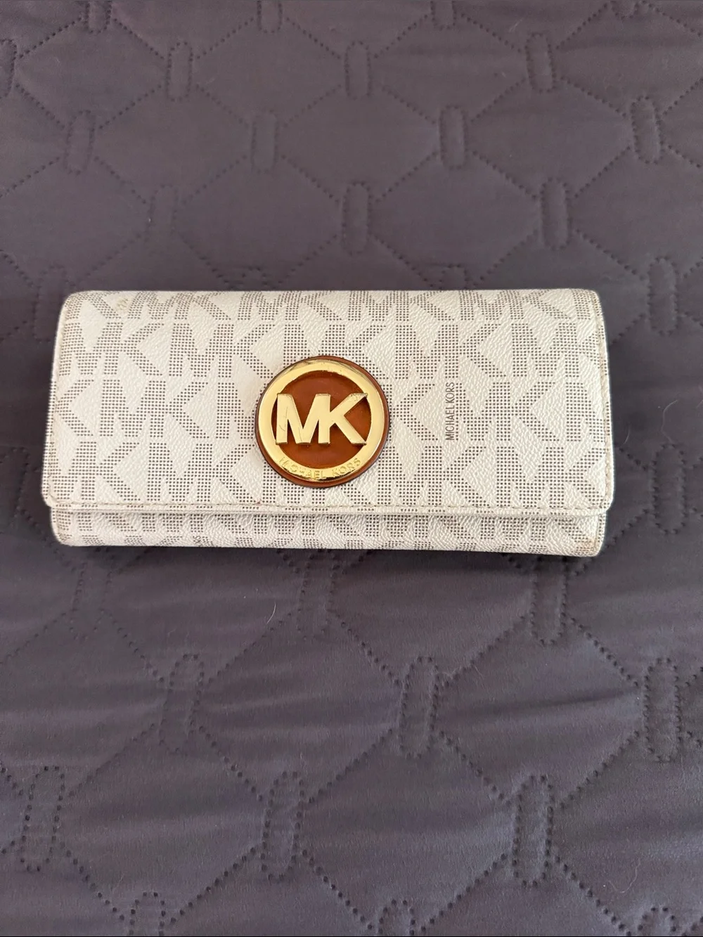 Michael Kors Cream MK Logo Continental Wallet with Gold Emblem